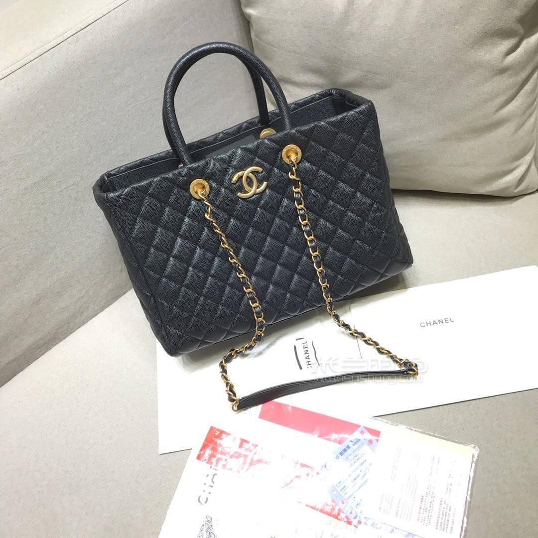 chanel香奈儿购物包 金扣双c菱格购物袋黑色牛皮鱼子酱手提单肩女包