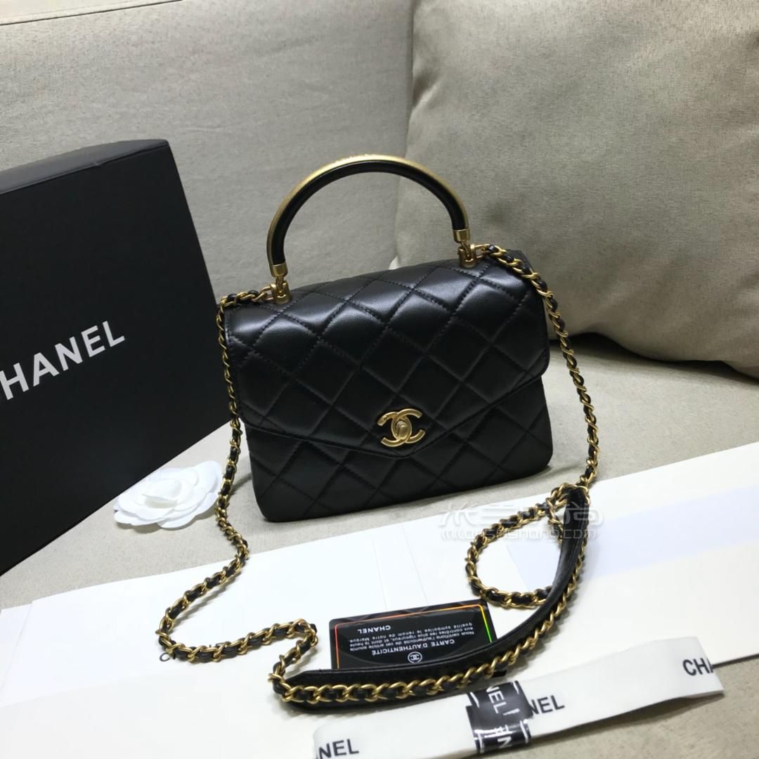 chanel香奈儿小号手提风琴包 黑色小牛皮单肩链条包斜