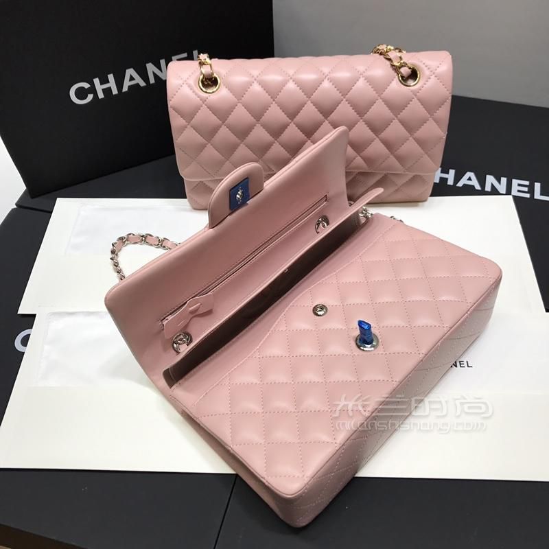chanel香&奈儿CF链条包中号25cm 樱花粉羊皮复古包 经典斜背包08