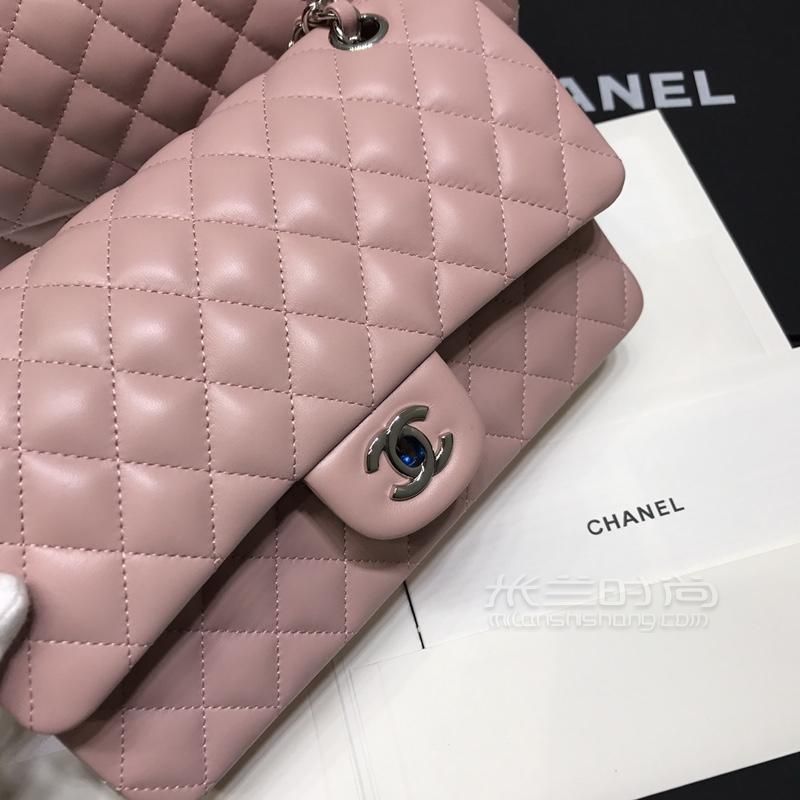 chanel香&奈儿CF链条包中号25cm 樱花粉羊皮复古包 经典斜背包07