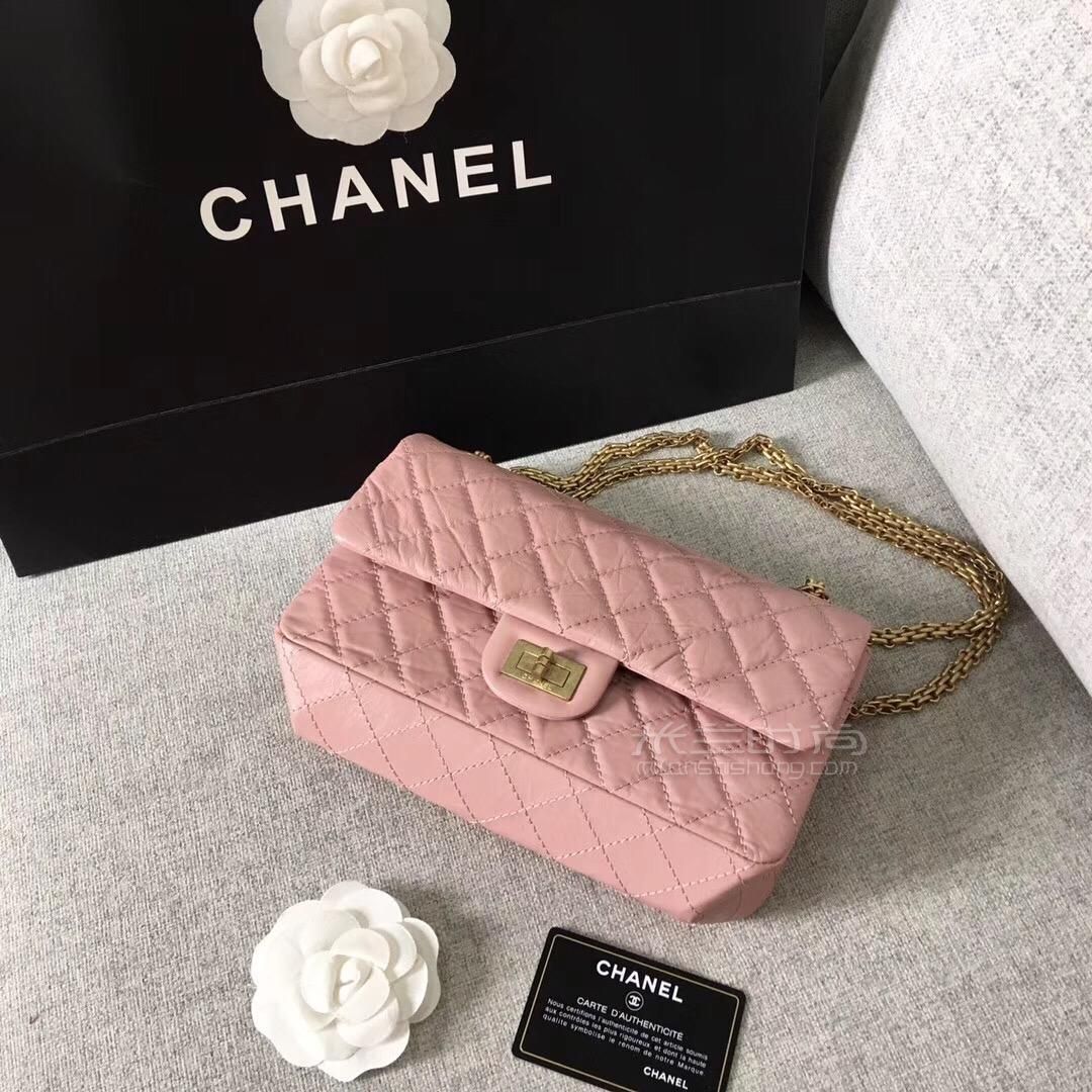 香奈儿chanel2.55经典款复古单肩斜跨包 油蜡牛皮粉色