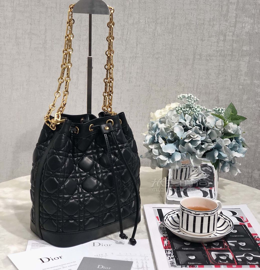dior水桶包2019早春最新度假系列大号小号女士桶包黑色羊皮