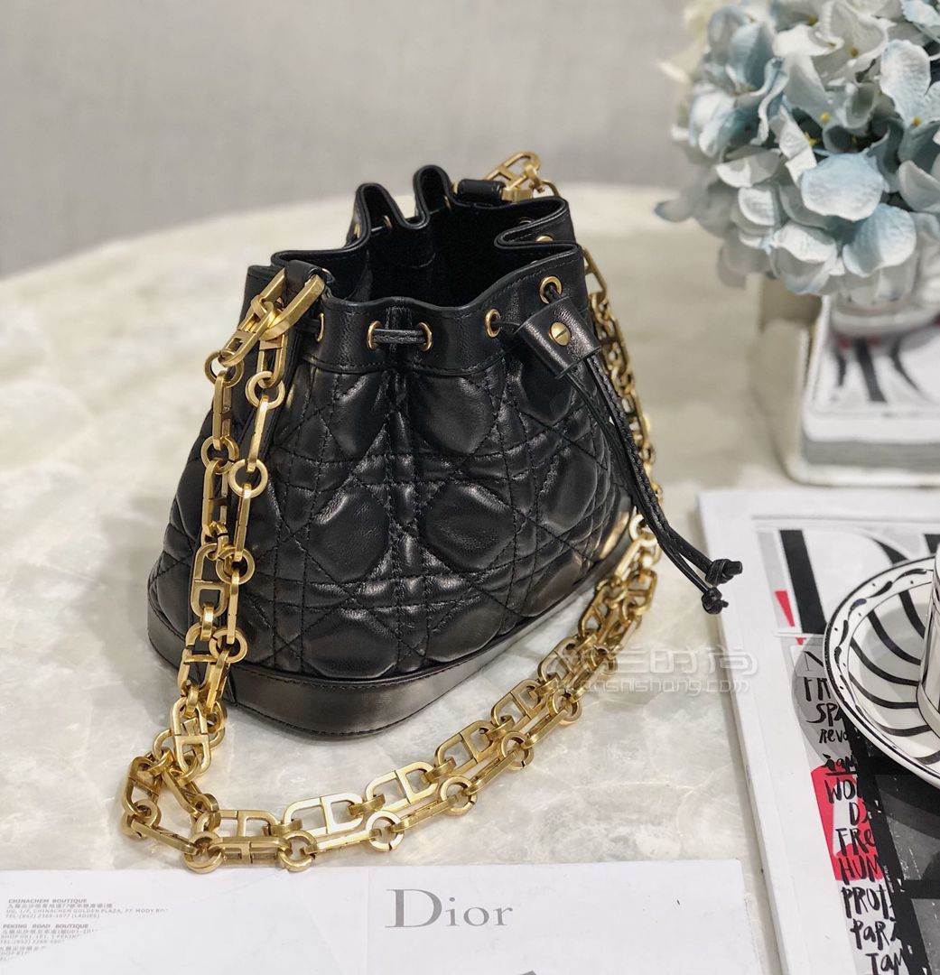dior水桶包2019早春最新度假系列大号小号女士桶包黑色羊皮