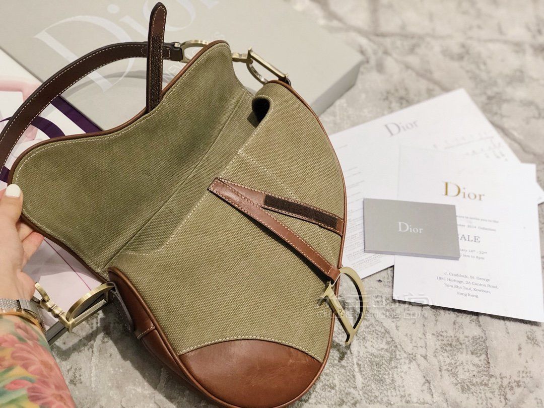 dior vintage saddle bag迪奥马鞍包 抹茶绿帆布拼接牛皮手提斜挎包