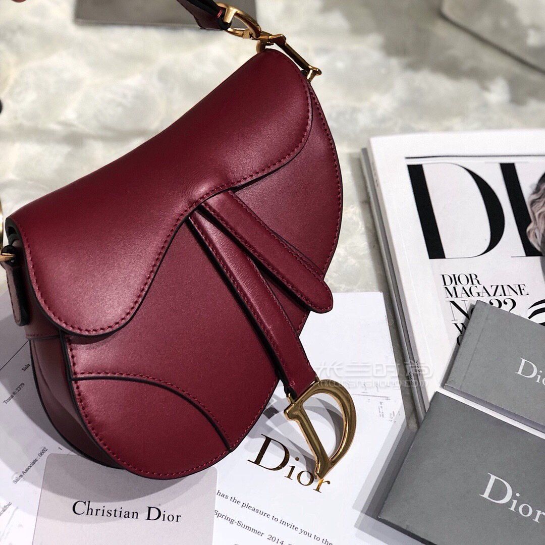 dior saddle bag迪奥马鞍包 酒红色光面小牛皮复古斜背包大号小号