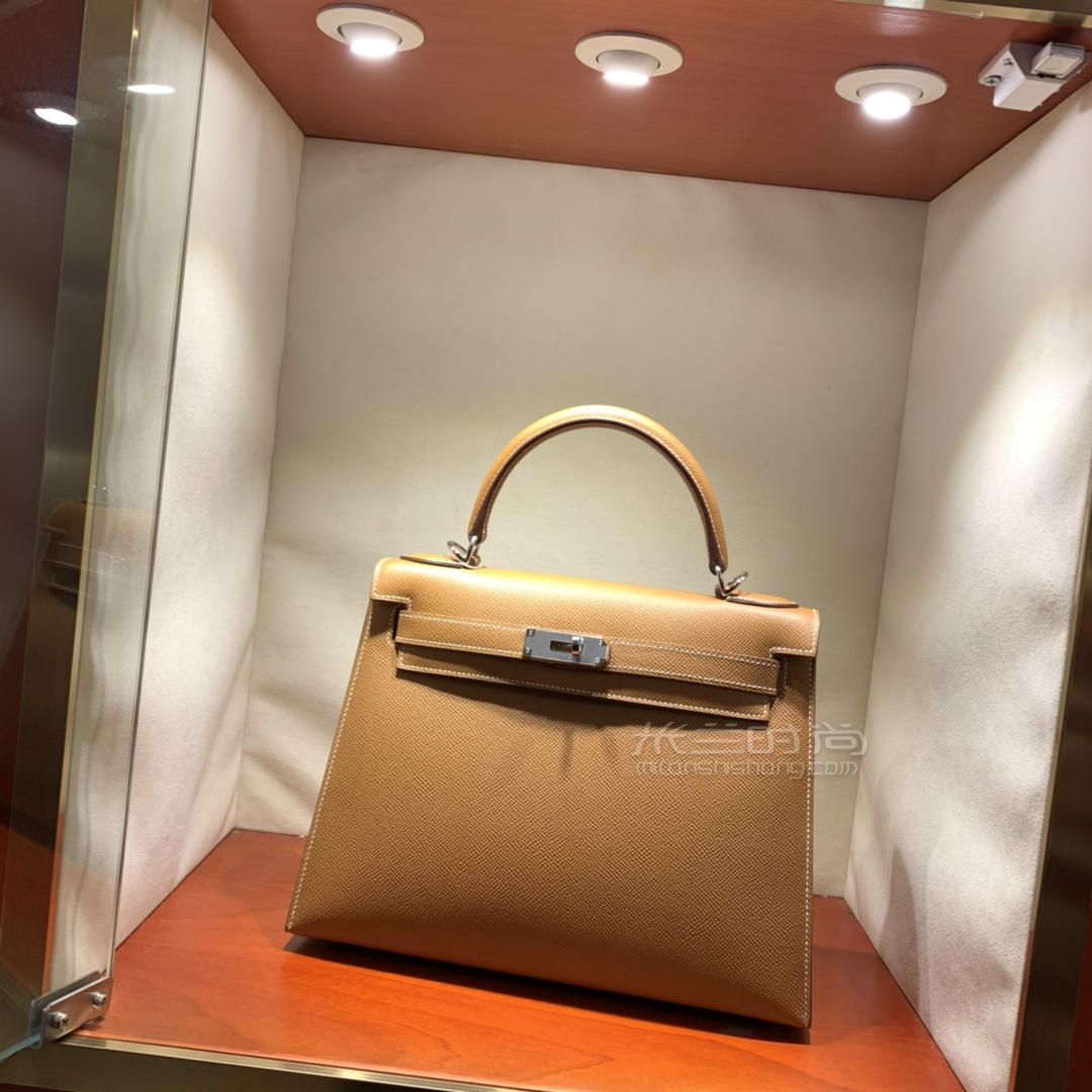 爱马仕凯莉包hermes kelly 28cm epsom 37金棕 金-银扣 蜜蜡线手缝