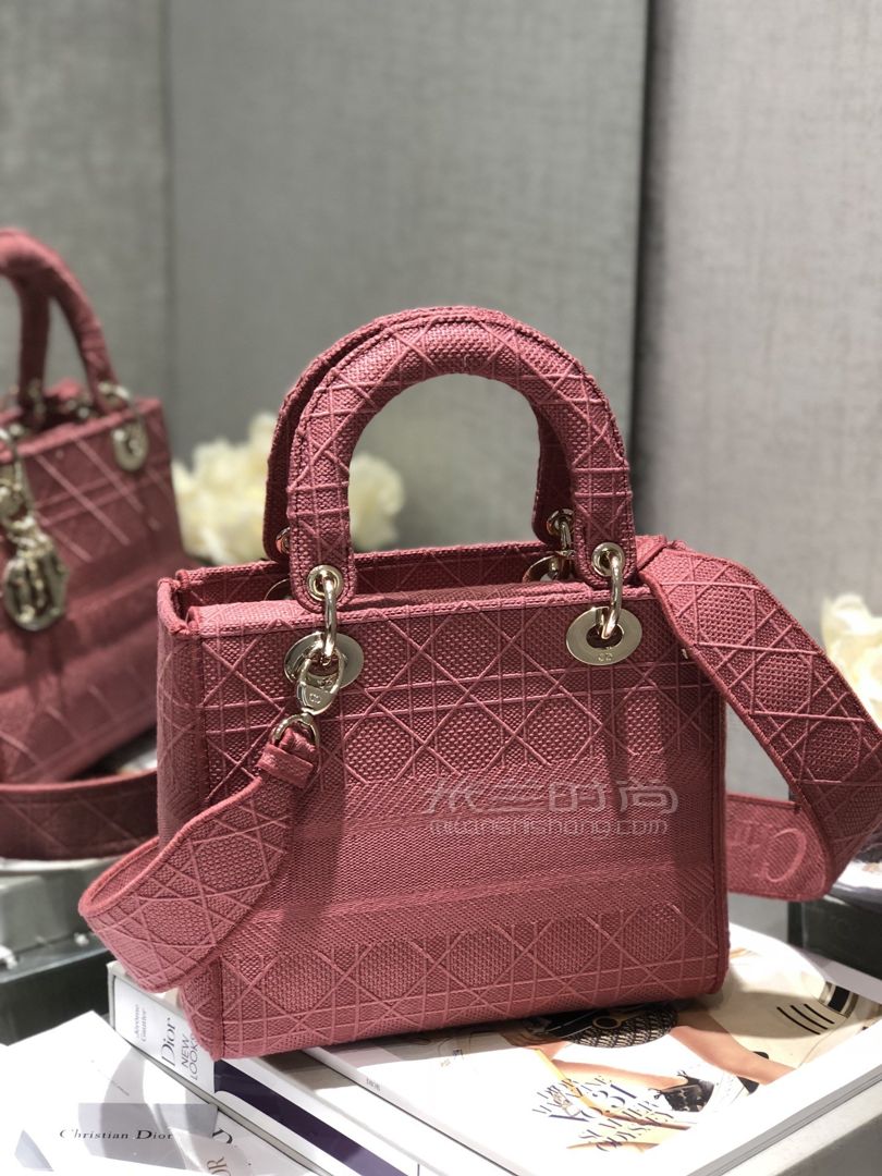 迪奥帆布刺绣戴妃包中号diorladydlite手袋酒红色四格复古手提包斜跨