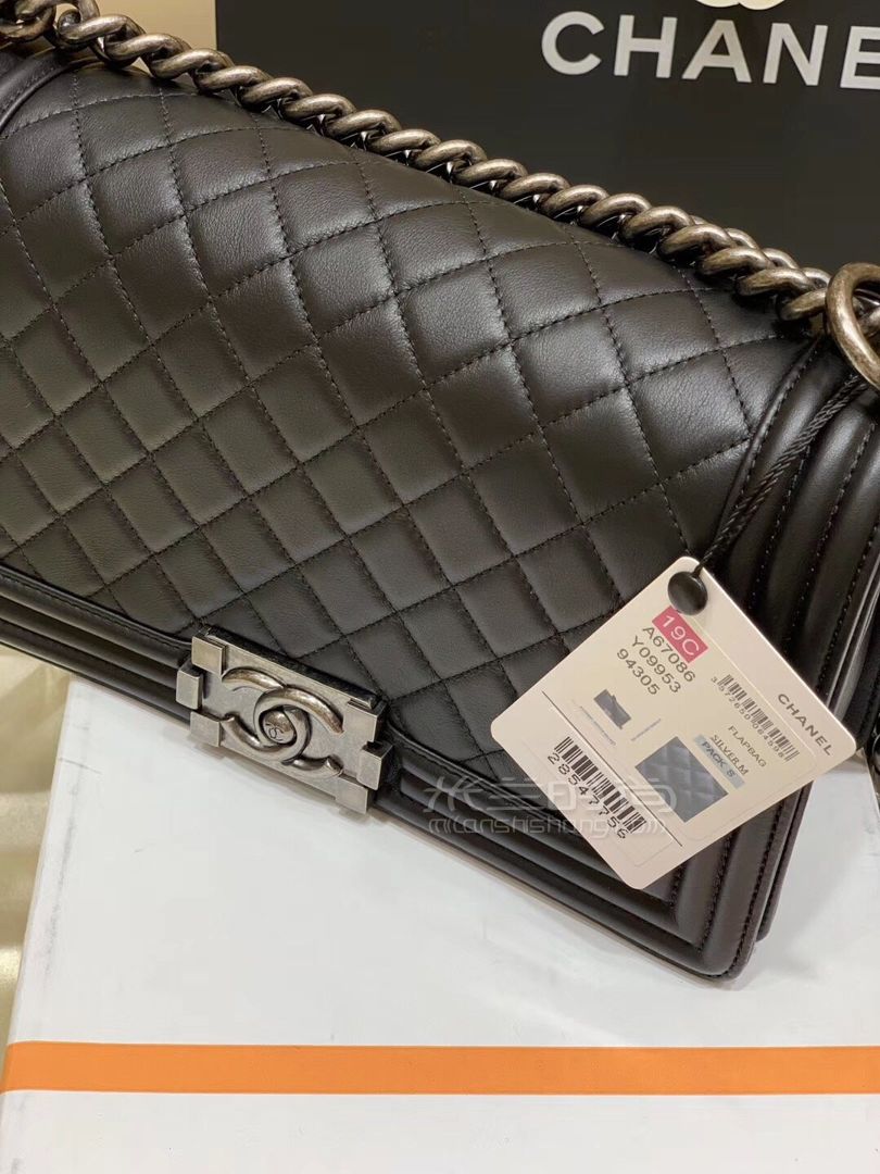 【香奈儿复古包】chanel le boy 25cm中号黑色胎牛皮软面皮单肩包银扣