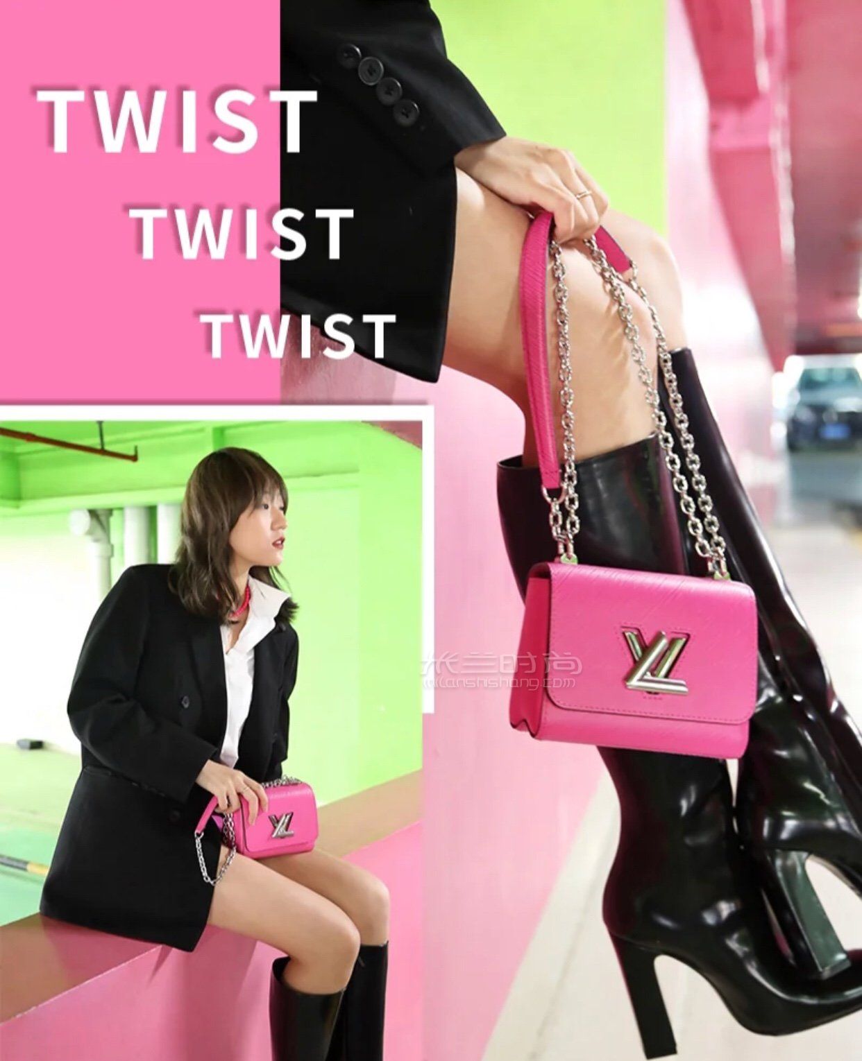 【lv twist】迷你16cm路易威登lv玫红twist小号单肩斜跨女士包包模特