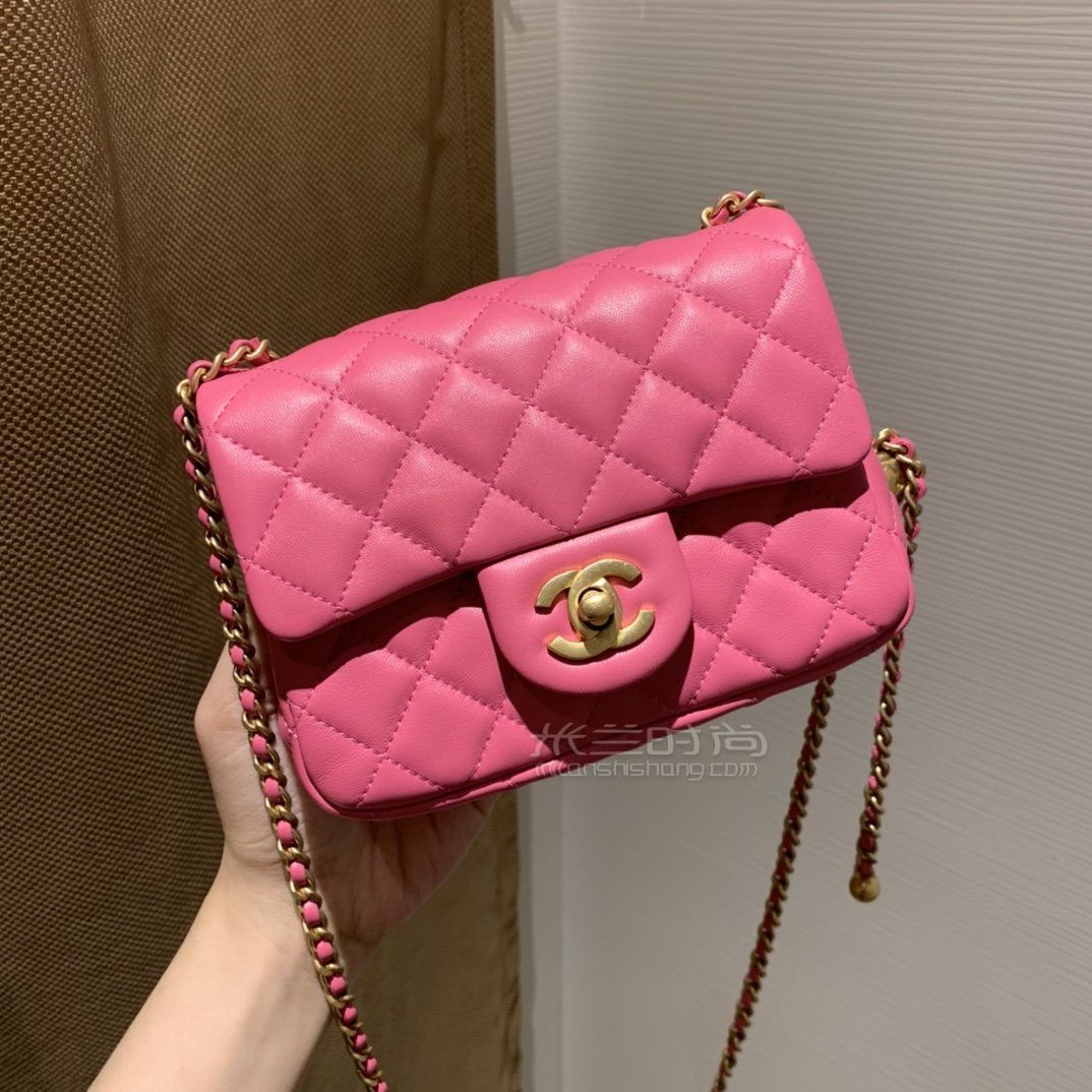 香奈儿金珠链条包chanel18cm粉色方胖子口盖包玫红女包