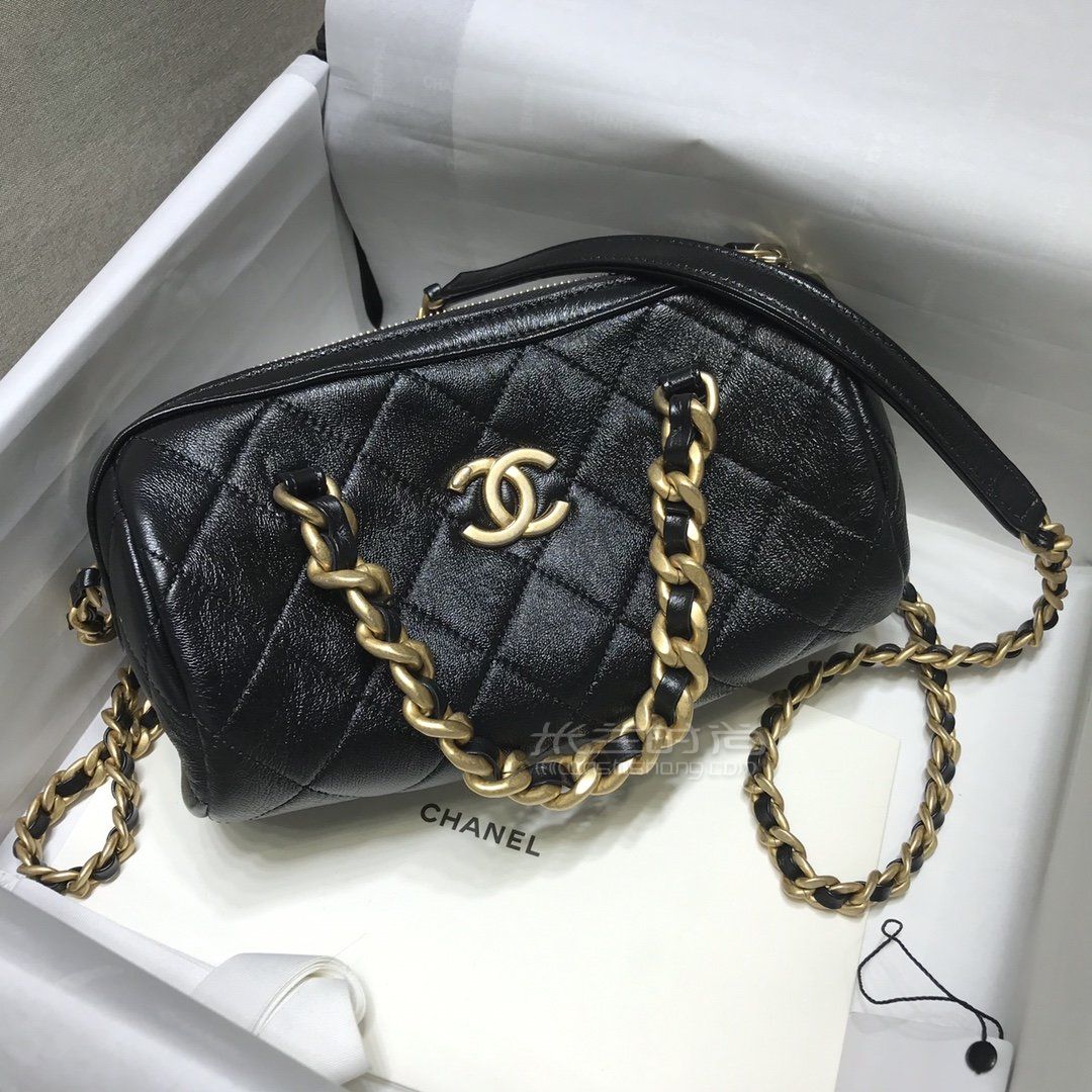 香奈儿圆筒包正品实拍chanel20新款保龄球包圆筒手提斜跨包黑色小号