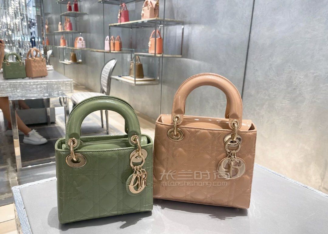 【迪奥迷你戴妃包】dior lady mini漆皮抹茶绿手提包 三格女士斜挎包