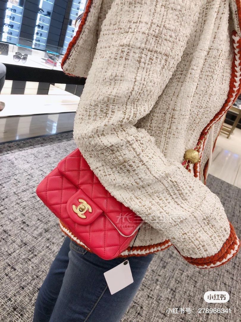 香奈儿金珠链条包chanel18cm橘红色球球包金珠cf包金球款方胖子口盖包