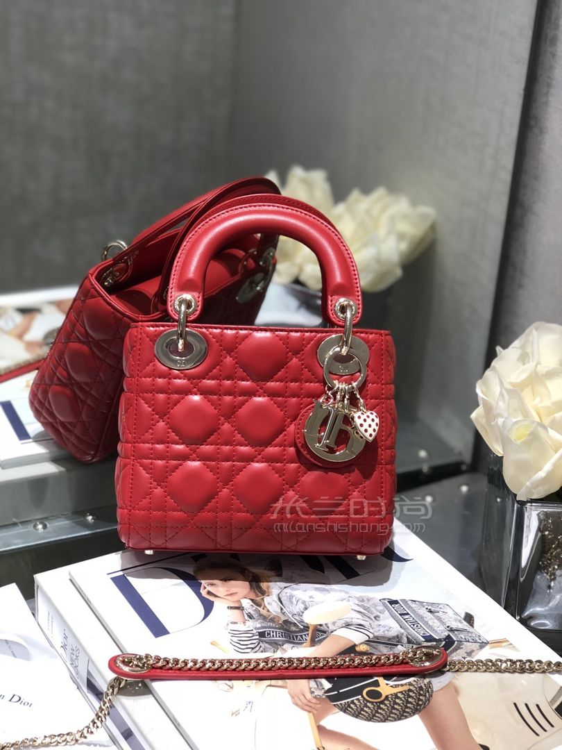 【迪奥迷你草莓爱心戴妃包】dior amour lady三格戴妃包 羊皮红色手提