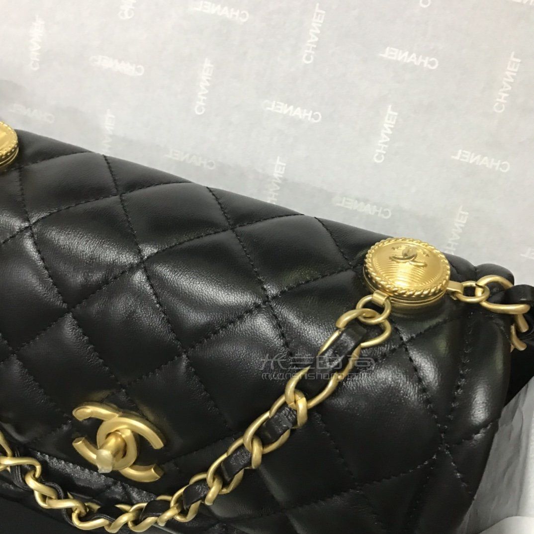 【香奈儿豆腐包】chanel 2020新款纽扣包 20cm黑色羊皮复古金币包