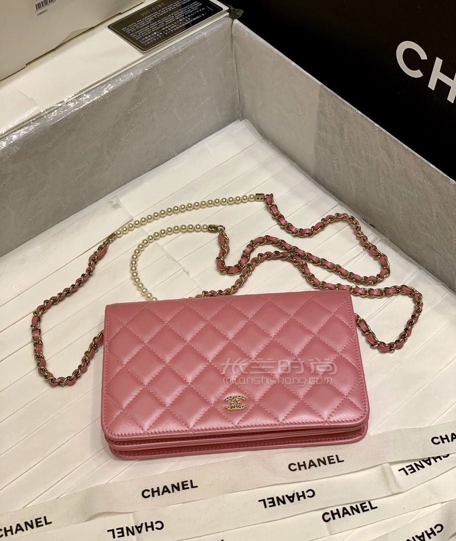 【香奈儿珍珠链条包woc】chanel 2020限量版珍珠发财包 粉色羊皮