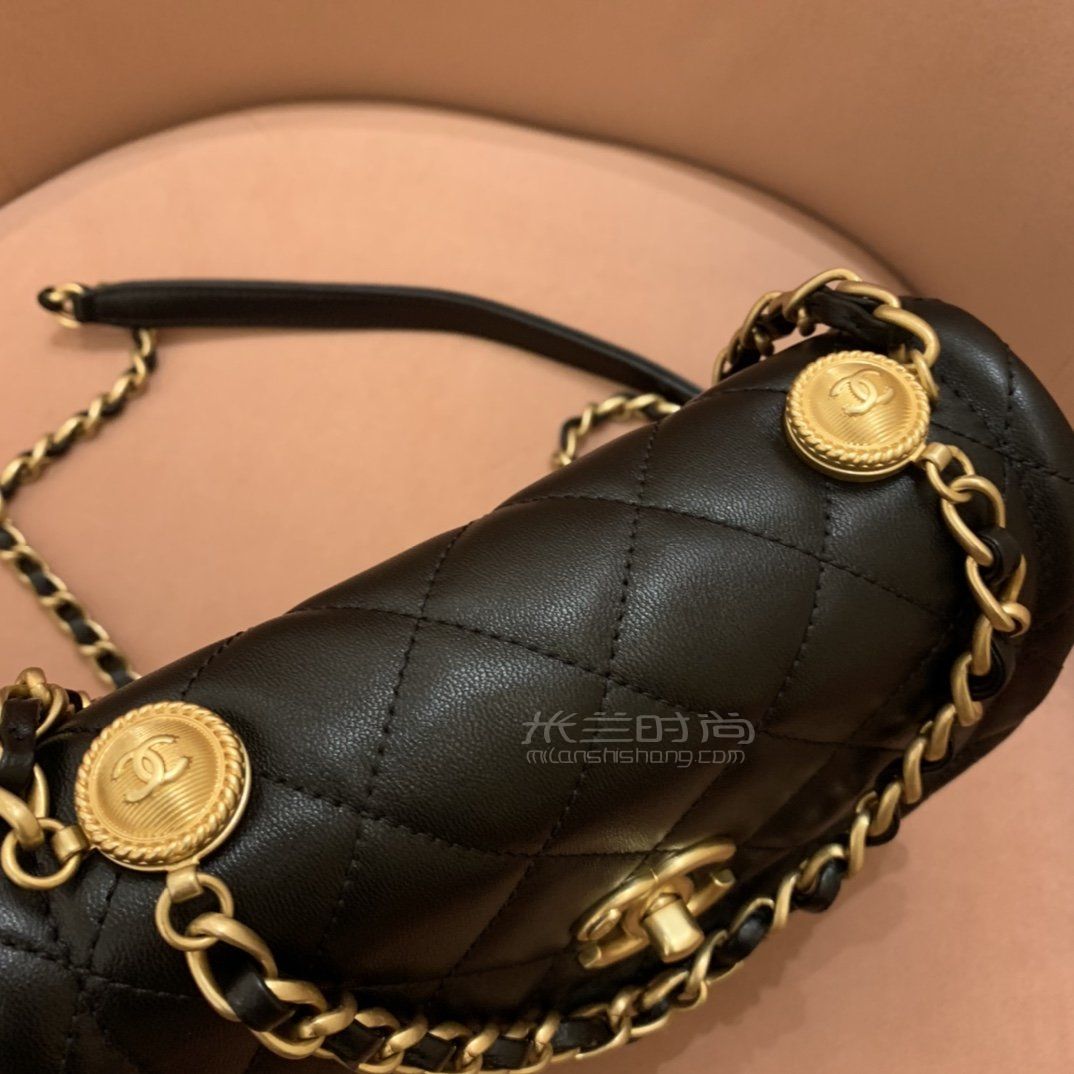 【香奈儿纽扣包】chanel20新款黑金羊皮菱格金币包 复古双链条豆腐包