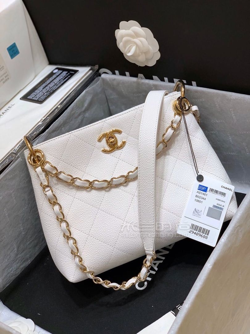香奈儿嬉皮水桶包chanel20款托特包单肩购物袋白色牛皮斜挎包桶包
