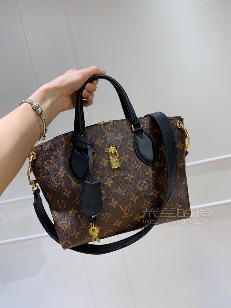 lv路易威登老花手提包2019秋冬新款女士经典鲜花挂锁点缀中号黑色女包