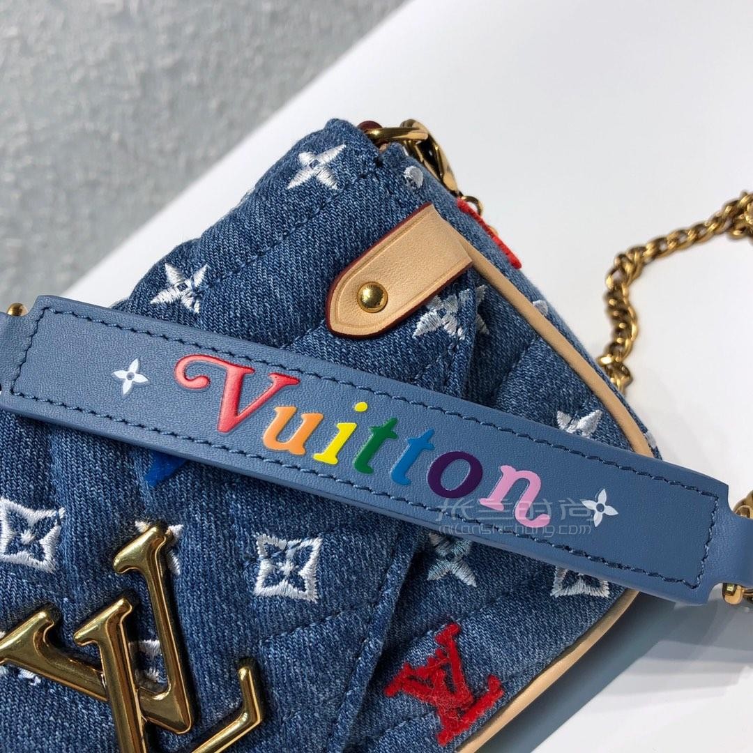 lv路易威登19年newwave牛仔布链条包钱夹m67531水洗牛仔刺绣单肩链条