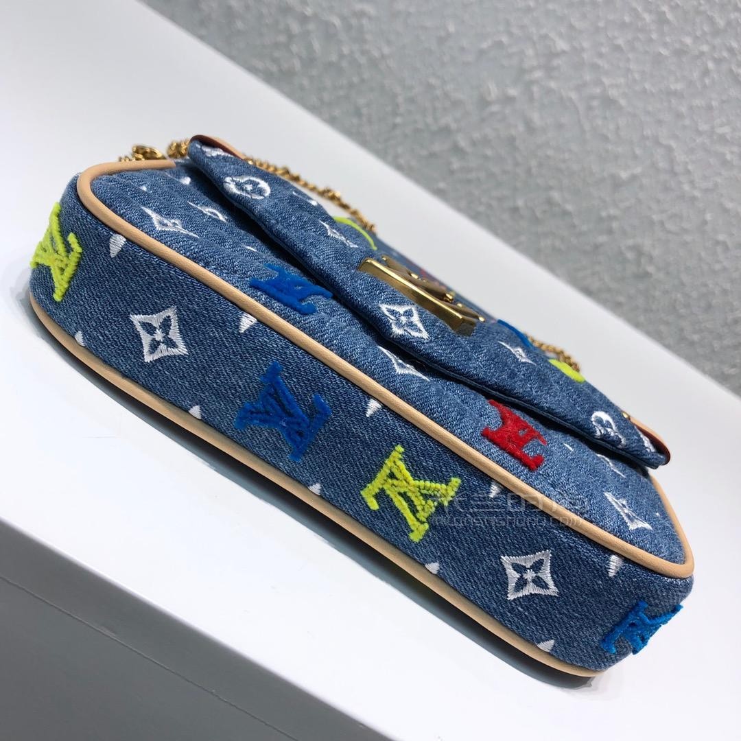lv路易威登19年newwave牛仔布链条包钱夹m67531水洗牛仔刺绣单肩链条
