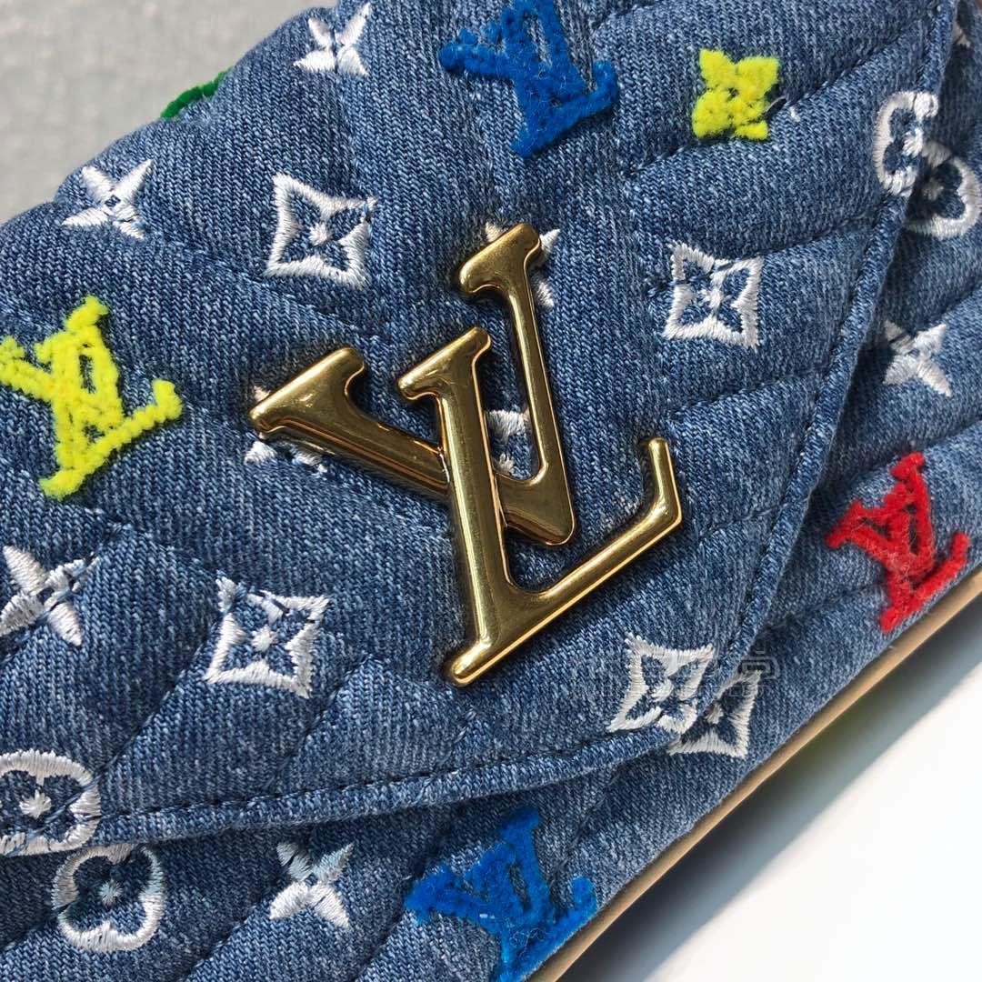 lv路易威登19年newwave牛仔布链条包钱夹m67531水洗牛仔刺绣单肩链条
