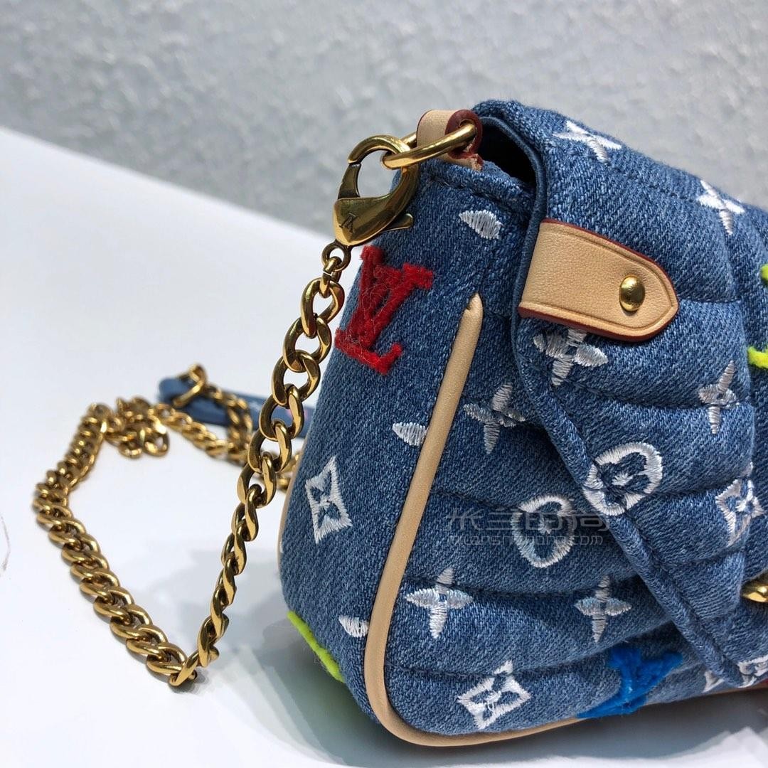 lv路易威登19年newwave牛仔布链条包钱夹m67531水洗牛仔刺绣单肩链条