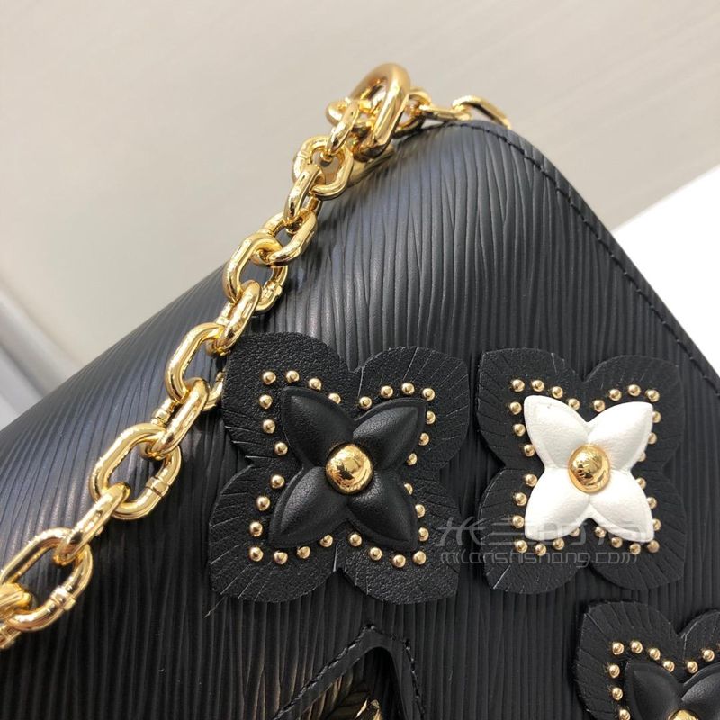 lv女包新款链条包 黑色水波纹花朵包twist翻盖单肩斜挎包 女士经典