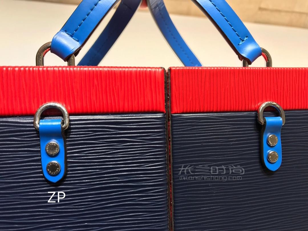 box女士水波纹漆皮手袋单肩斜挎 蓝色红色女士方盒子手拎包m52466 (6)