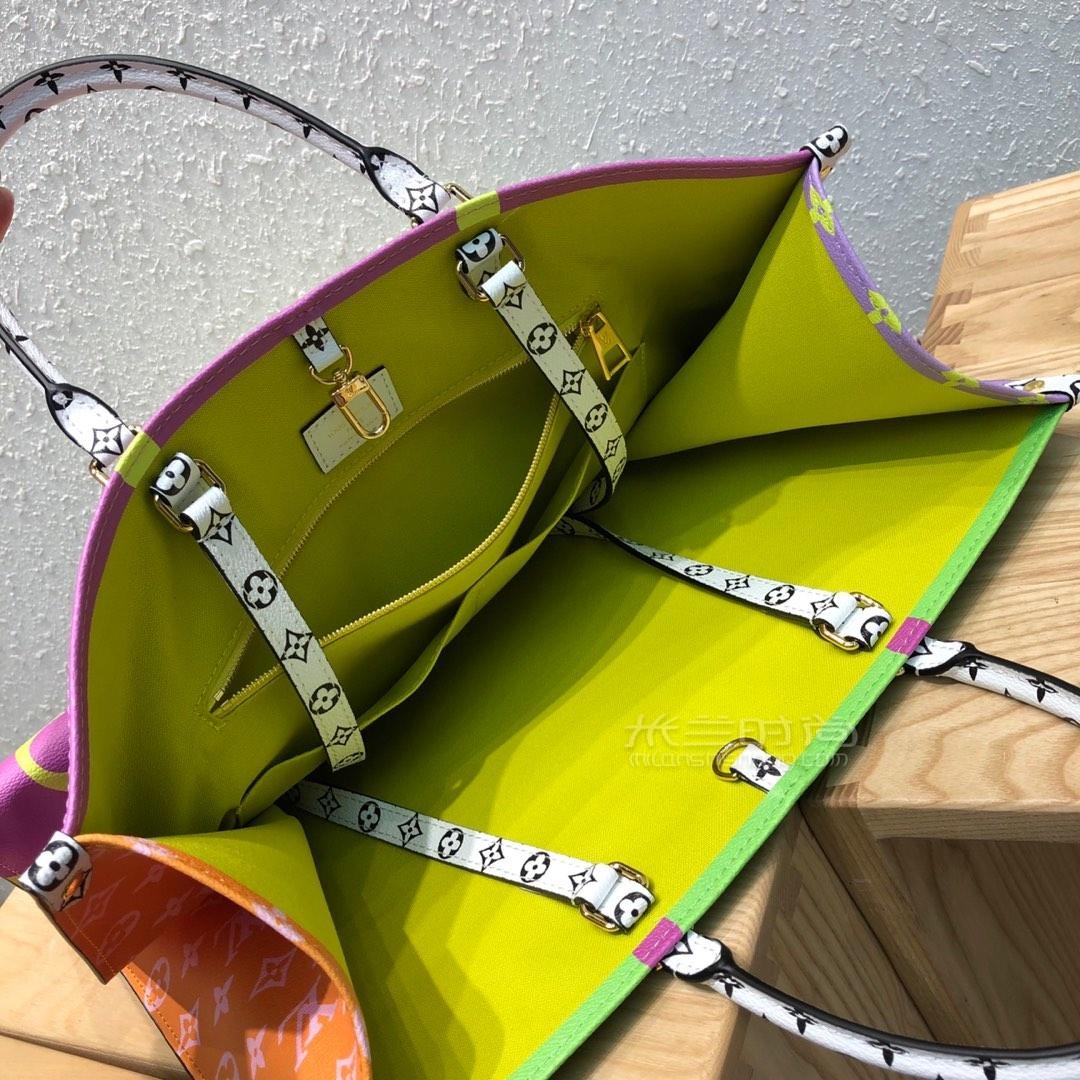 lv路易威登onthego 19秀款 春夏限量拼色老花饰面 单肩斜挎手袋购物袋