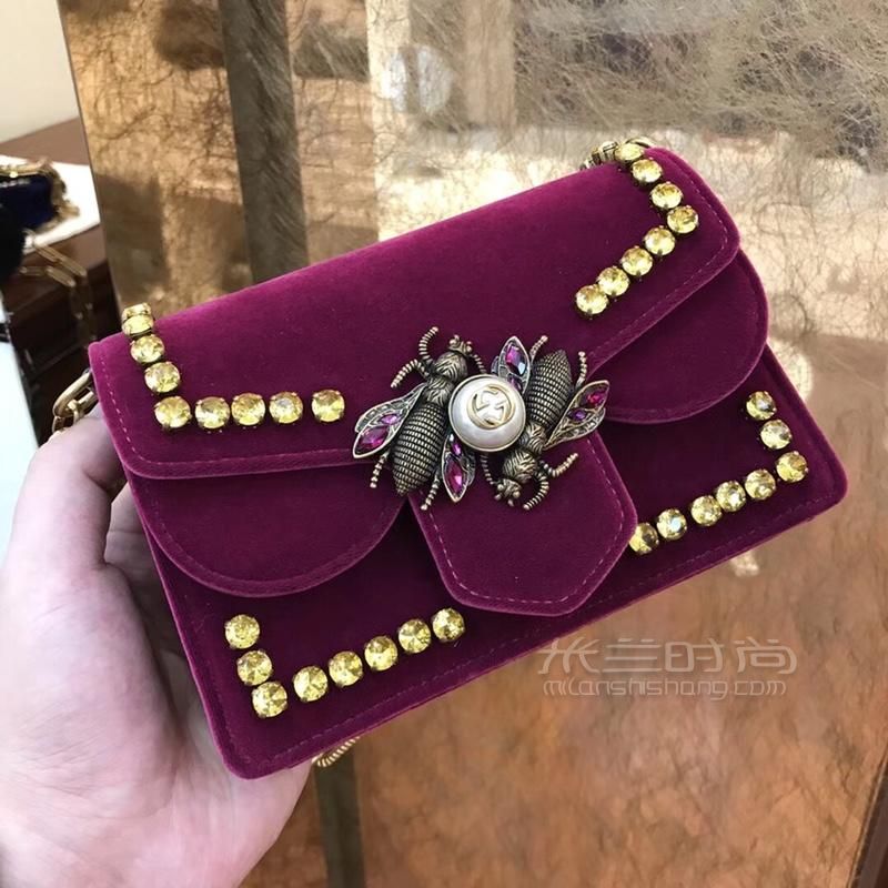 gucci古奇 broadway小蜜蜂钻扣翻盖链条包489218丝绒紫色迷你女包