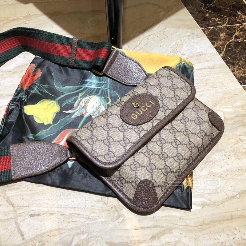 Gucci古奇胸包男女斜背虎头扣双g帆布印花腰包女同款代购4617 米兰时尚包包网