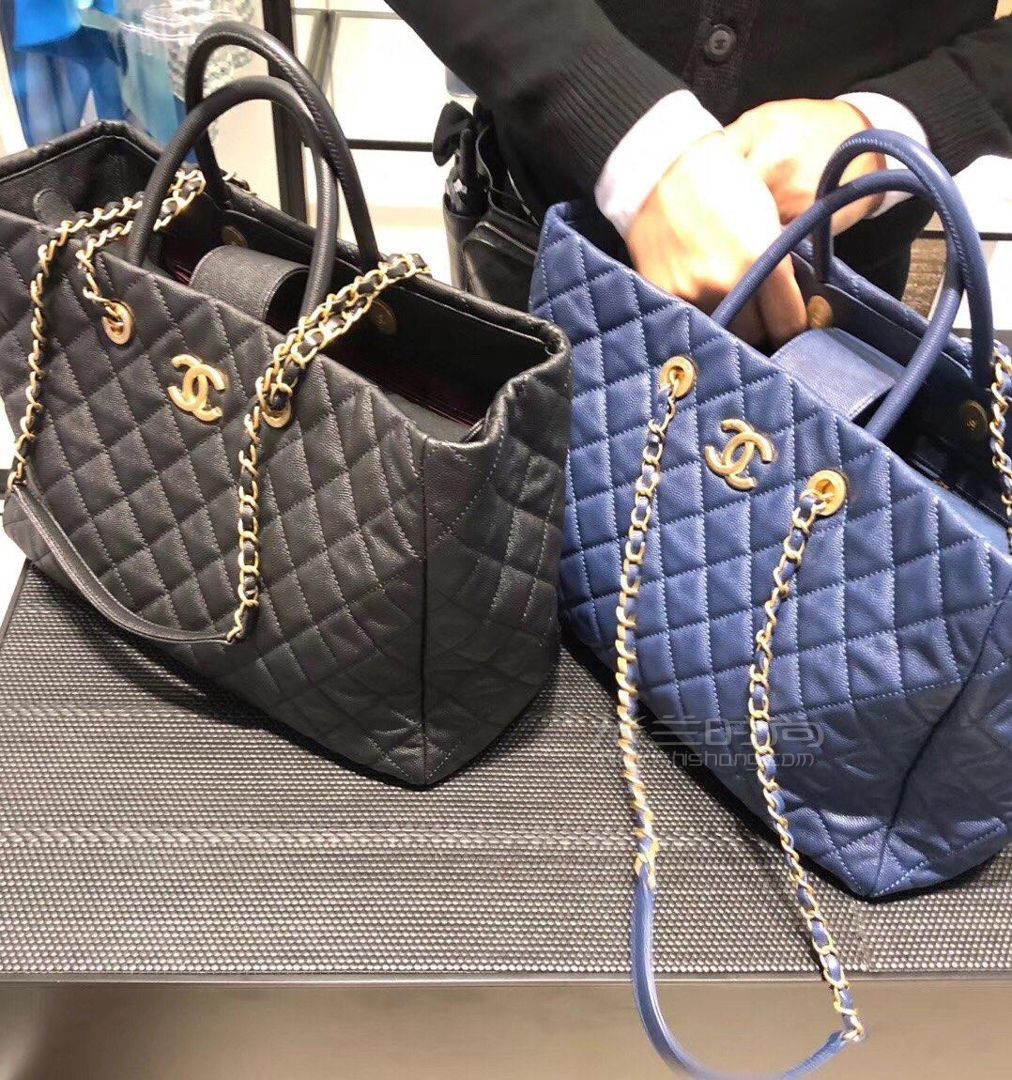 chanel香奈儿购物包 金扣双c菱格购物袋黑色牛皮鱼子酱手提单肩女包