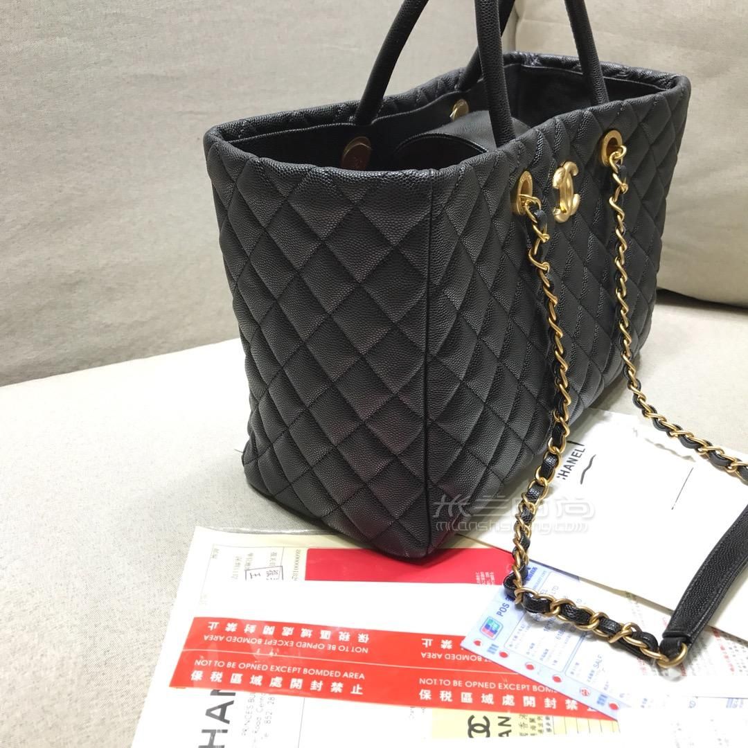 chanel香奈儿购物包 金扣双c菱格购物袋黑色牛皮鱼子酱手提单肩女包