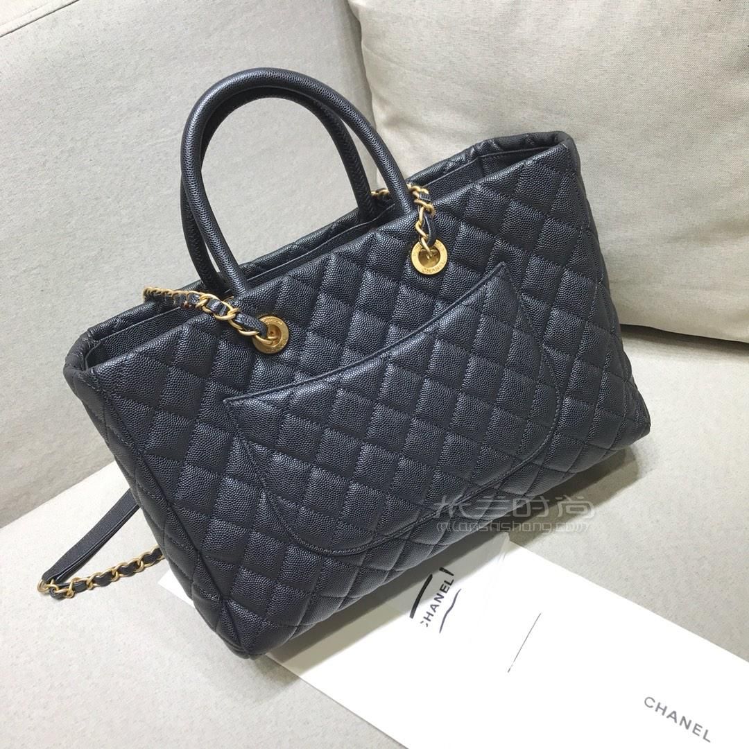 chanel香奈儿购物包 金扣双c菱格购物袋黑色牛皮鱼子酱手提单肩女包
