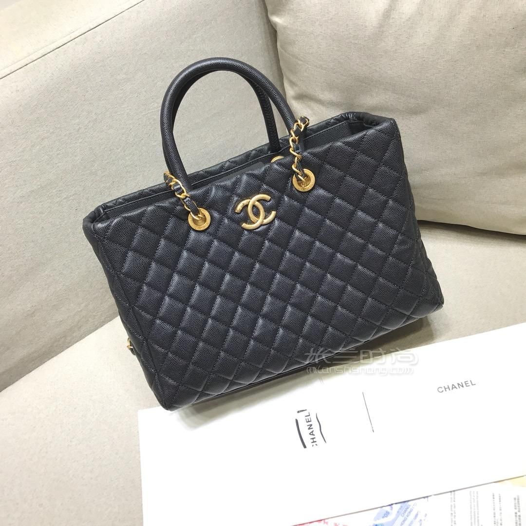 chanel香奈儿购物包 金扣双c菱格购物袋黑色牛皮鱼子酱手提单肩女包