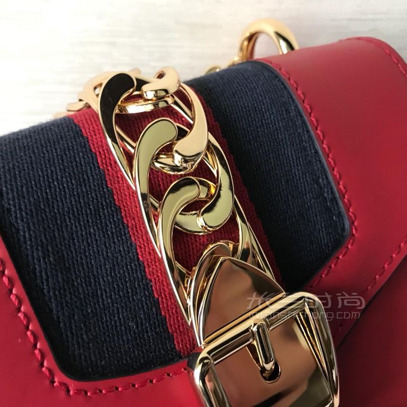 gucci古奇sylvie女士链条包红色小号缎带包全皮手袋单肩包431666