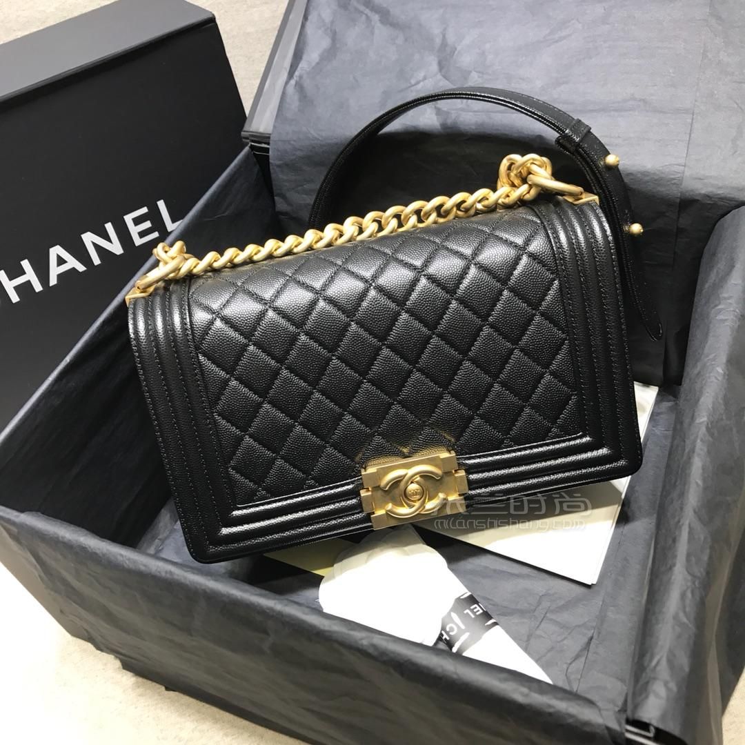 香奈儿chanel leboy黑金25复古包 荔枝皮中号细粒牛皮黑银单肩斜挎包