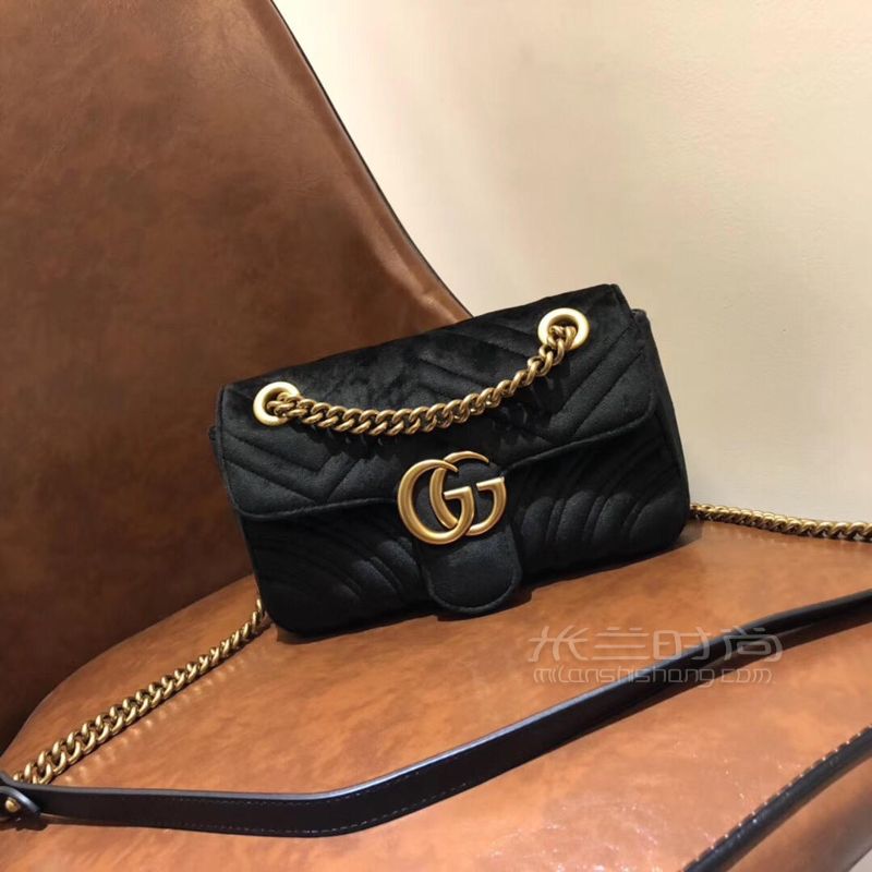 Gucci古驰丝绒黑色天鹅绒链条包gg marmont斜挎包小号22cm446744_米兰时尚包包网