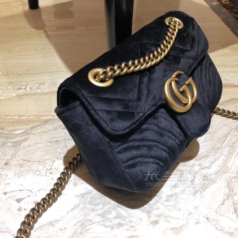 Gucci古驰丝绒黑色天鹅绒链条包gg marmont斜挎包小号22cm446744_米兰时尚包包网