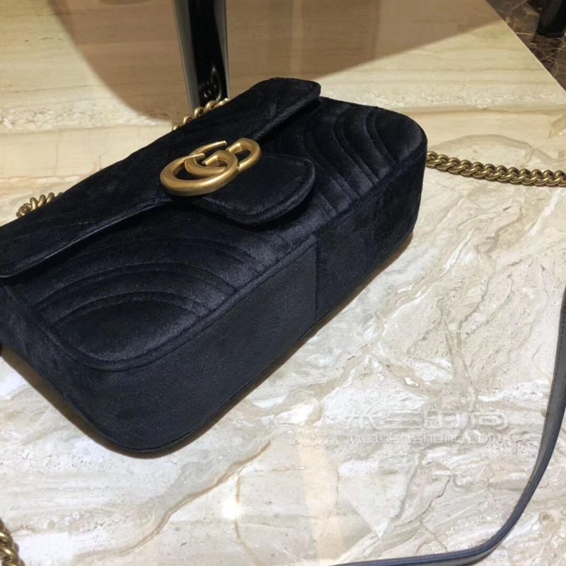 Gucci古驰丝绒黑色天鹅绒链条包gg marmont斜挎包小号22cm446744_米兰时尚包包网