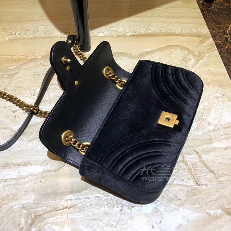 Gucci古驰丝绒黑色天鹅绒链条包gg marmont斜挎包小号22cm446744_米兰时尚包包网
