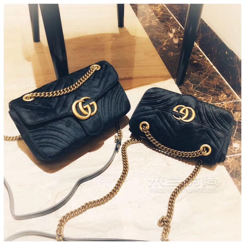 Gucci古驰丝绒黑色天鹅绒链条包gg marmont斜挎包小号22cm446744_米兰时尚包包网