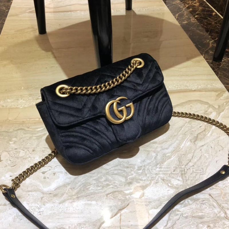 Gucci古驰丝绒黑色天鹅绒链条包gg marmont斜挎包小号22cm446744_米兰时尚包包网