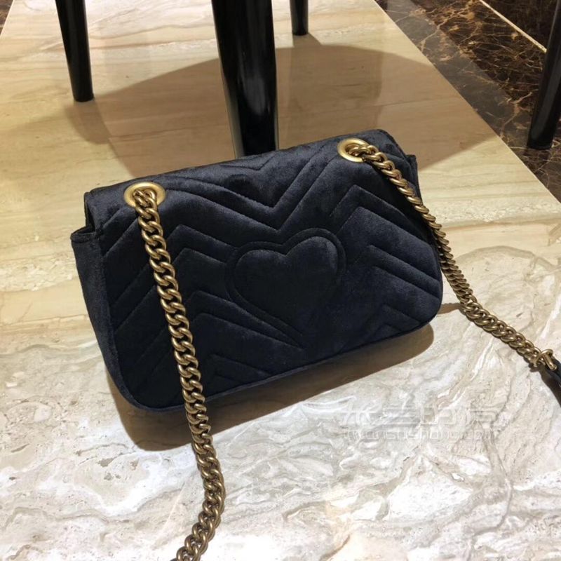 Gucci古驰丝绒黑色天鹅绒链条包gg marmont斜挎包小号22cm446744_米兰时尚包包网