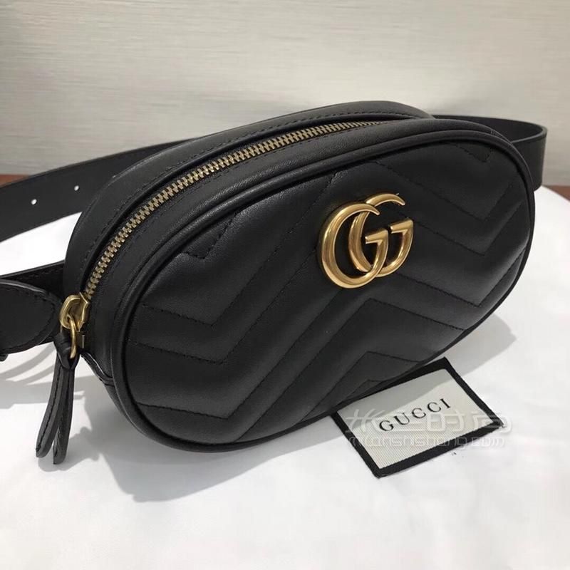 gucci古奇2019新品marmont双g女士皮革腰包斜挎包476434黑色