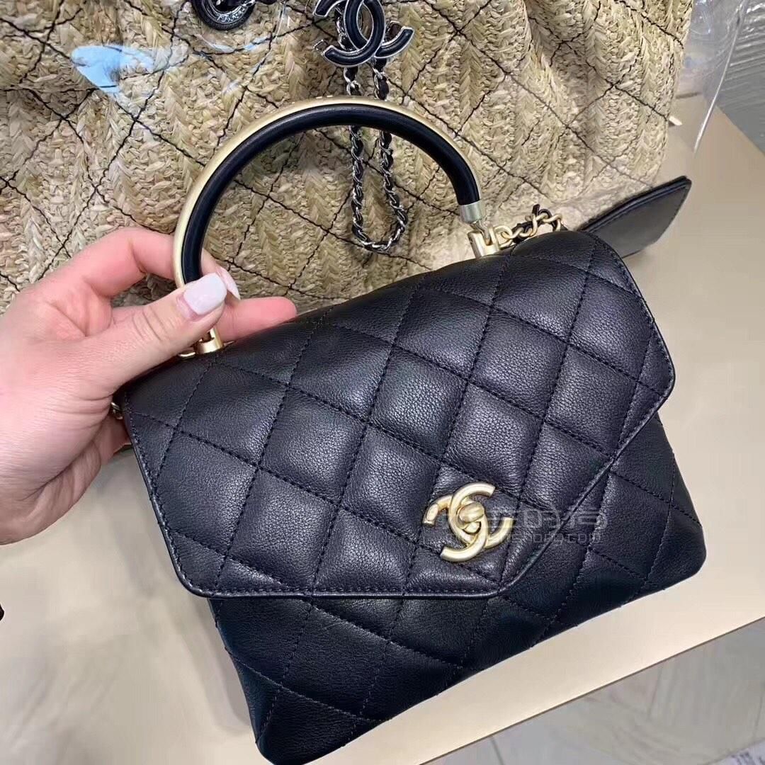chanel香奈儿小号手提风琴包黑色小牛皮单肩链条包斜挎包