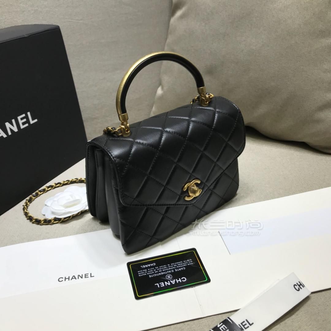 chanel香奈儿小号手提风琴包黑色小牛皮单肩链条包斜挎包