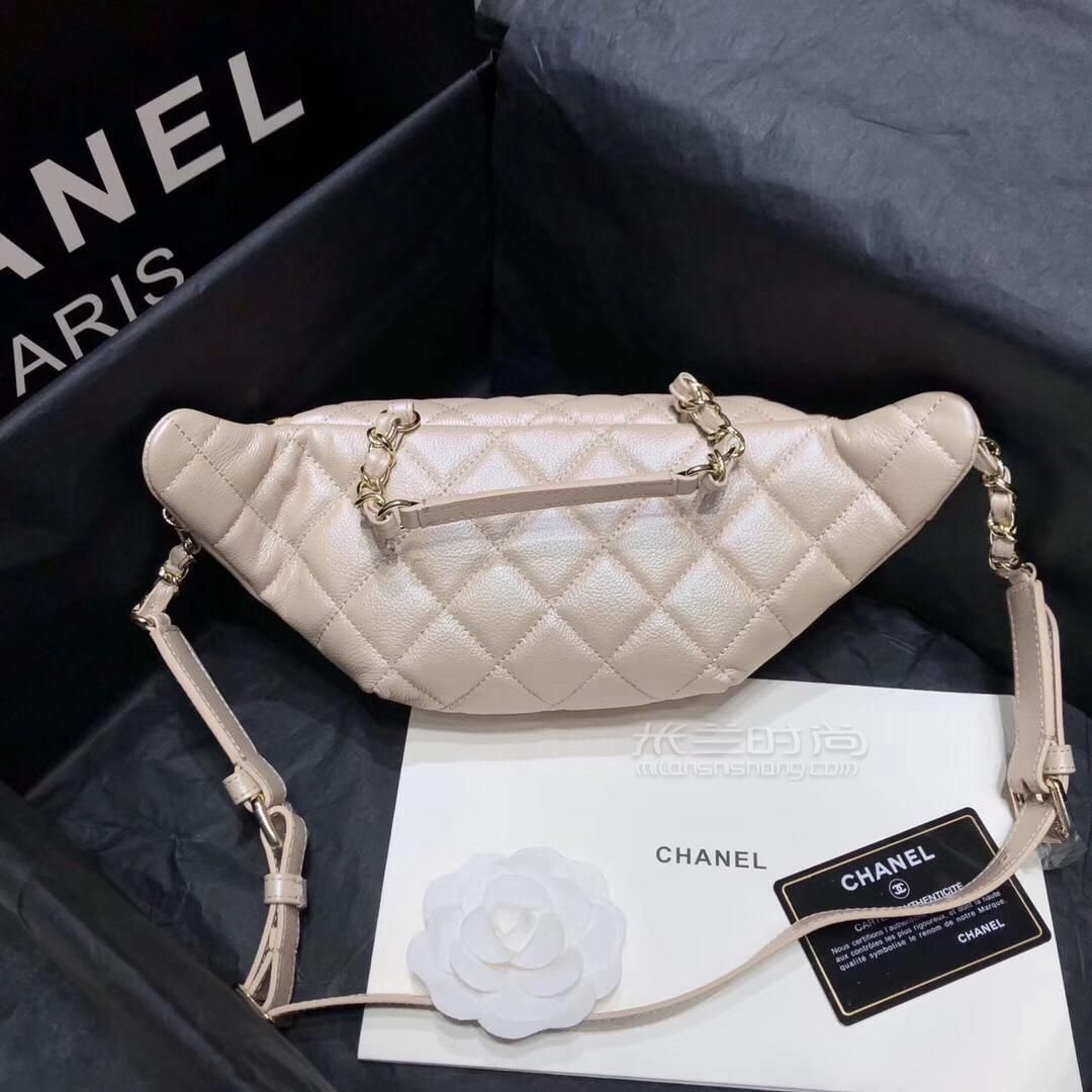 chanel香奈儿珠光迷你腰包荧光白色胸包彩虹色羊皮肩包