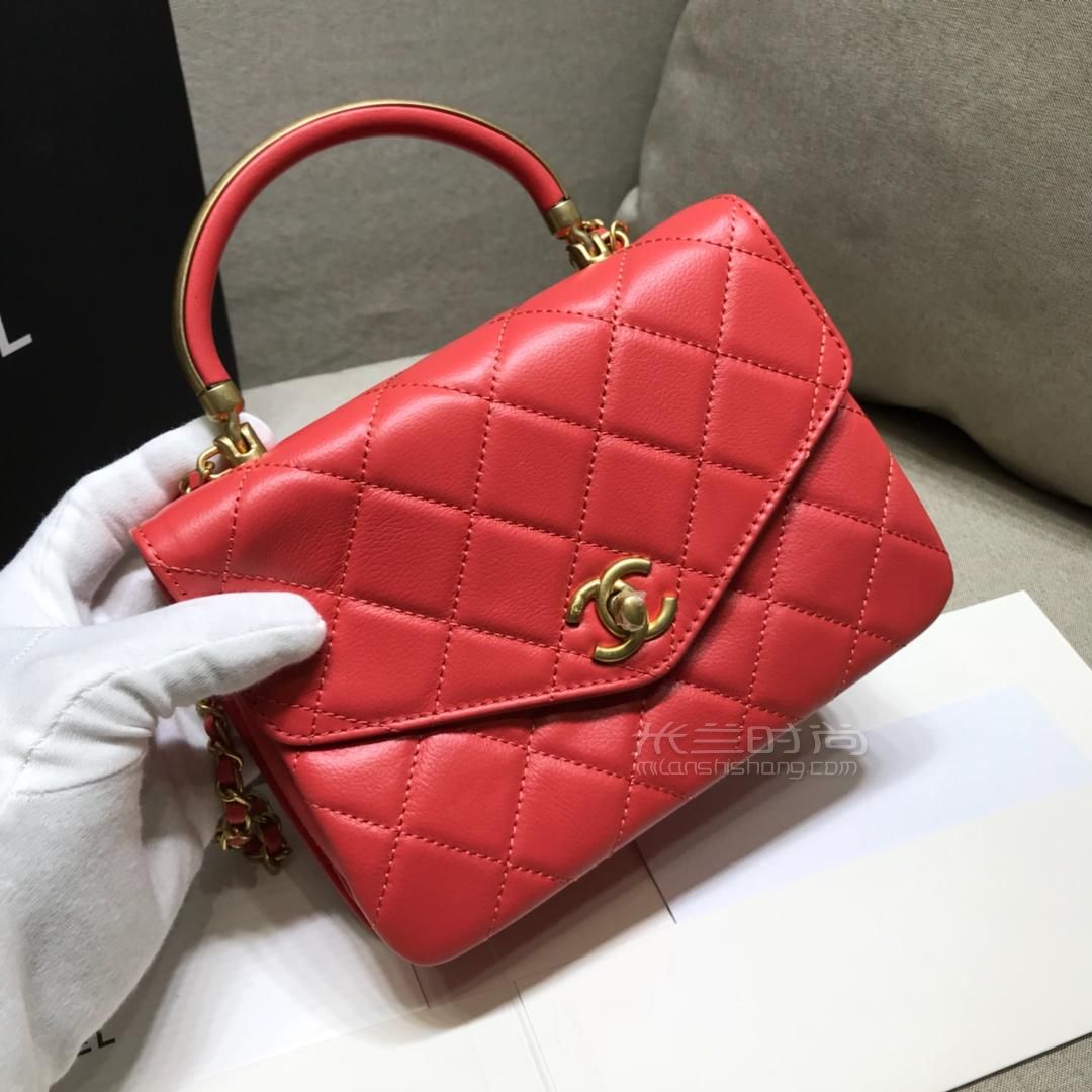 chanel香奈儿小号手提风琴包红色小牛皮单肩手提包链条包斜挎包